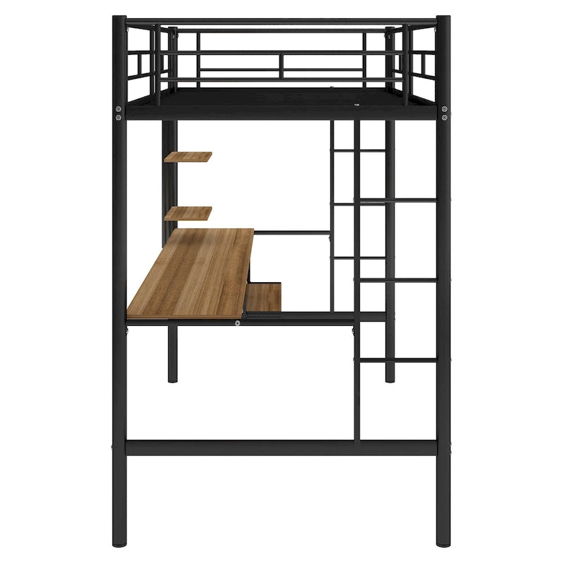 Litera de metal doble con escritorio y estante, diseño que ahorra espacio para niños, dormitorio