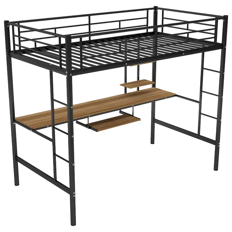 Litera de metal doble con escritorio y estante, diseño que ahorra espacio para niños, dormitorio