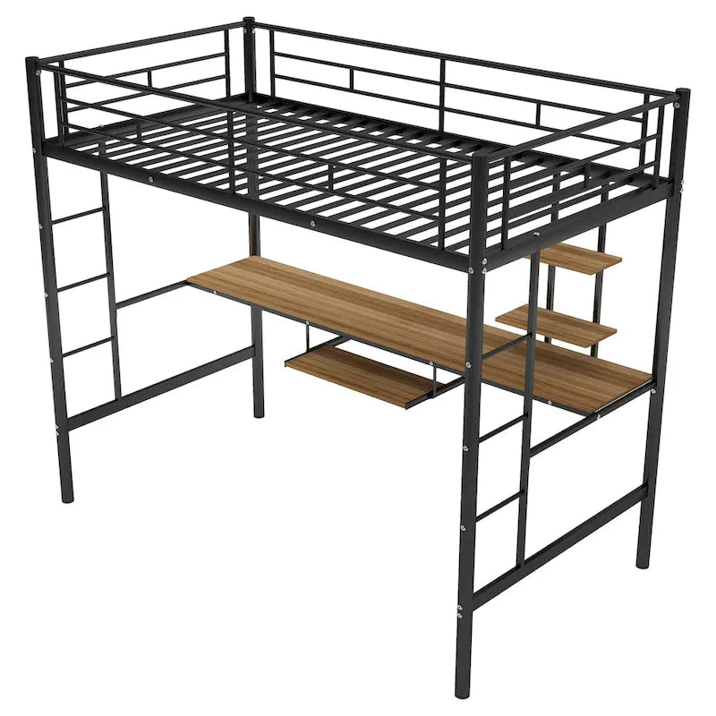 Litera de metal doble con escritorio y estante, diseño que ahorra espacio para niños, dormitorio
