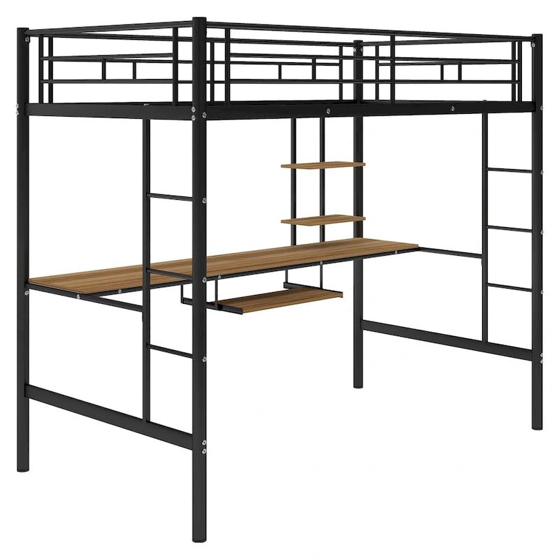Litera de metal doble con escritorio y estante, diseño que ahorra espacio para niños, dormitorio