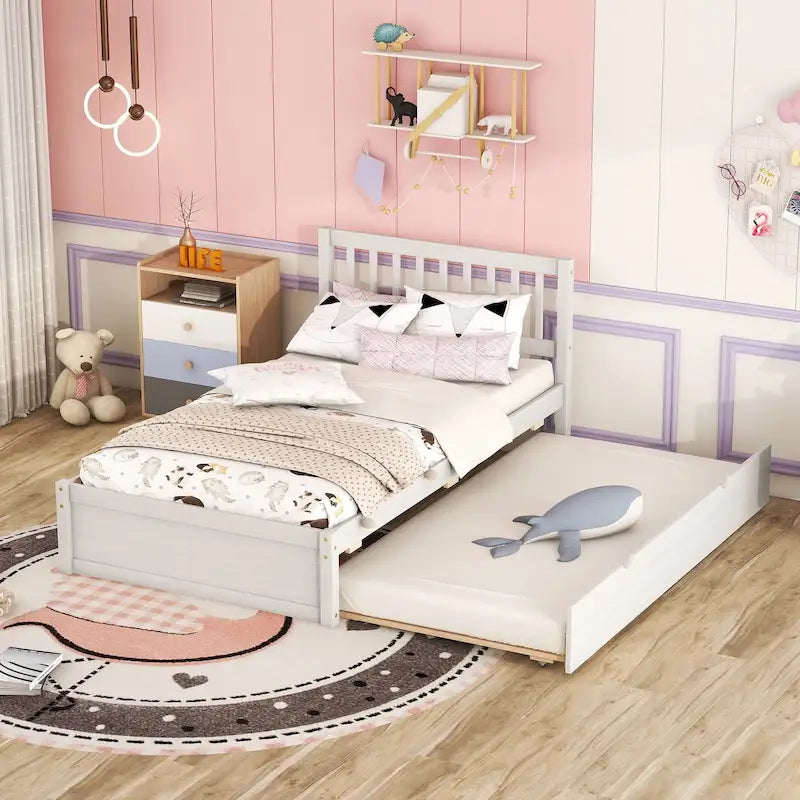 Cama individual con nido | Madera de caucho y contrachapado | 200 lb | Nogal / Blanco / Gris