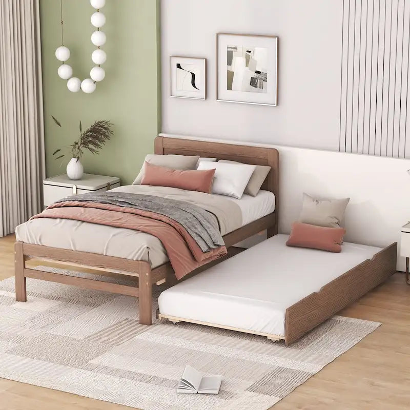 Cama Plataforma Doble Marrón con Nido | Madera de Caucho y Contrachapado | 90 kg | Diseño Moderno