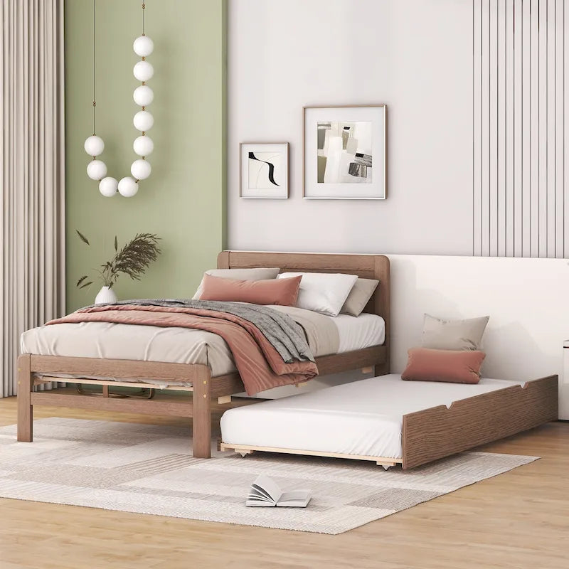 Brown Wood Twin Size Platform Bed Frame with Trundle, Rubberwood & Plywood Construction, Modern Design, Space-saving