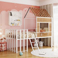 Cama alta metálica Twin con forma de casa con techo, ventana, barandilla y escalera | Niños