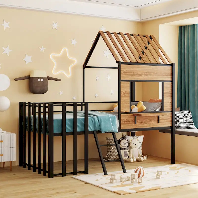 Cama alta metálica Twin con forma de casa con techo, ventana, barandilla y escalera | Niños