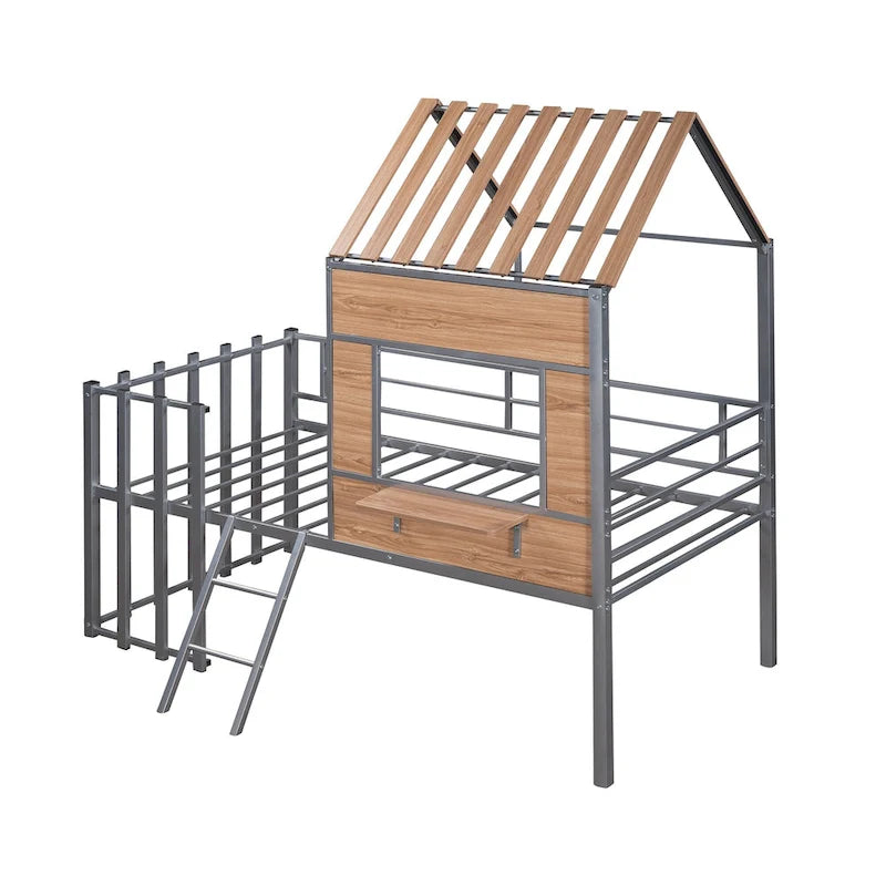 Cama alta metálica Twin con forma de casa con techo, ventana, barandilla y escalera | Niños
