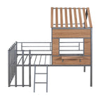 Cama alta metálica Twin con forma de casa con techo, ventana, barandilla y escalera | Niños