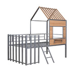 Cama alta metálica Twin con forma de casa con techo, ventana, barandilla y escalera | Niños