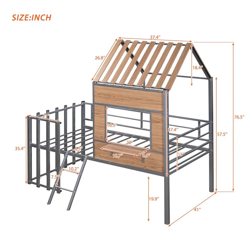 Cama alta metálica Twin con forma de casa con techo, ventana, barandilla y escalera | Niños