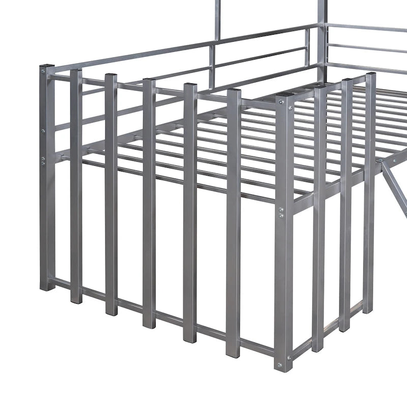 Cama alta metálica Twin con forma de casa con techo, ventana, barandilla y escalera | Niños