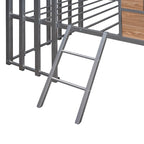 Cama alta metálica Twin con forma de casa con techo, ventana, barandilla y escalera | Niños