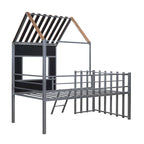Cama alta metálica Twin con forma de casa con techo, ventana, barandilla y escalera | Niños
