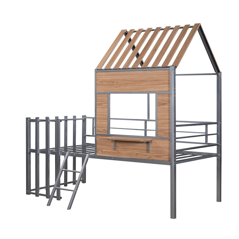 Cama alta metálica Twin con forma de casa con techo, ventana, barandilla y escalera | Niños