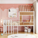 Cama alta metálica Twin con forma de casa con techo, ventana, barandilla y escalera | Niños