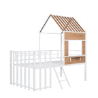 Cama alta metálica Twin con forma de casa con techo, ventana, barandilla y escalera | Niños