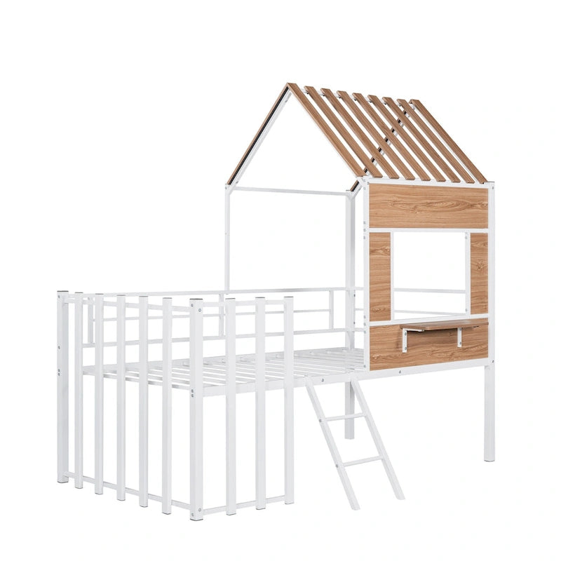 Cama alta metálica Twin con forma de casa con techo, ventana, barandilla y escalera | Niños