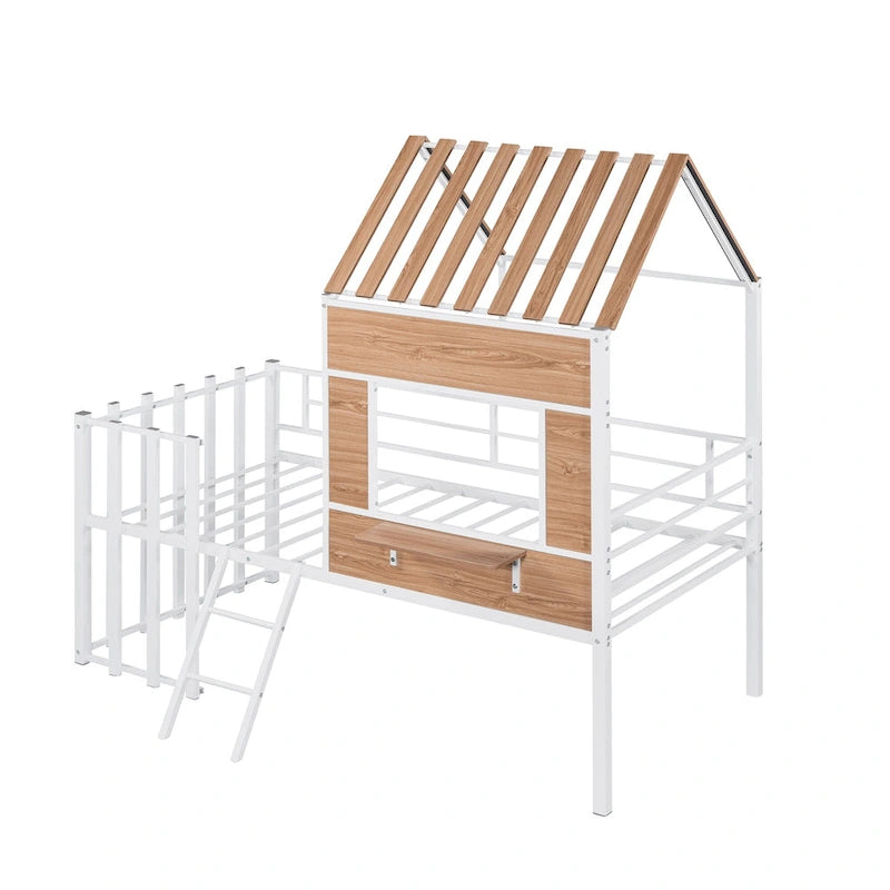 Cama alta metálica Twin con forma de casa con techo, ventana, barandilla y escalera | Niños