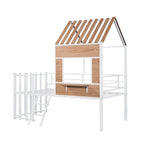 Cama alta metálica Twin con forma de casa con techo, ventana, barandilla y escalera | Niños