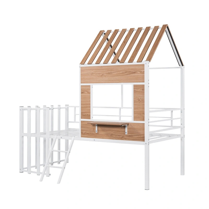 Cama alta metálica Twin con forma de casa con techo, ventana, barandilla y escalera | Niños