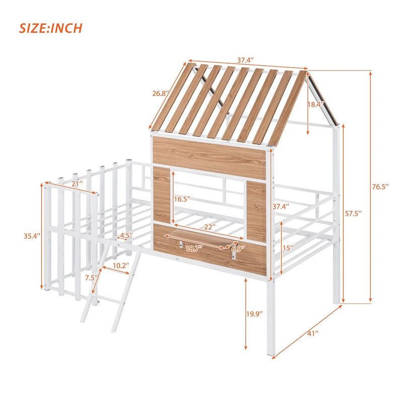 Cama alta metálica Twin con forma de casa con techo, ventana, barandilla y escalera | Niños