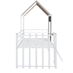 Cama alta metálica Twin con forma de casa con techo, ventana, barandilla y escalera | Niños