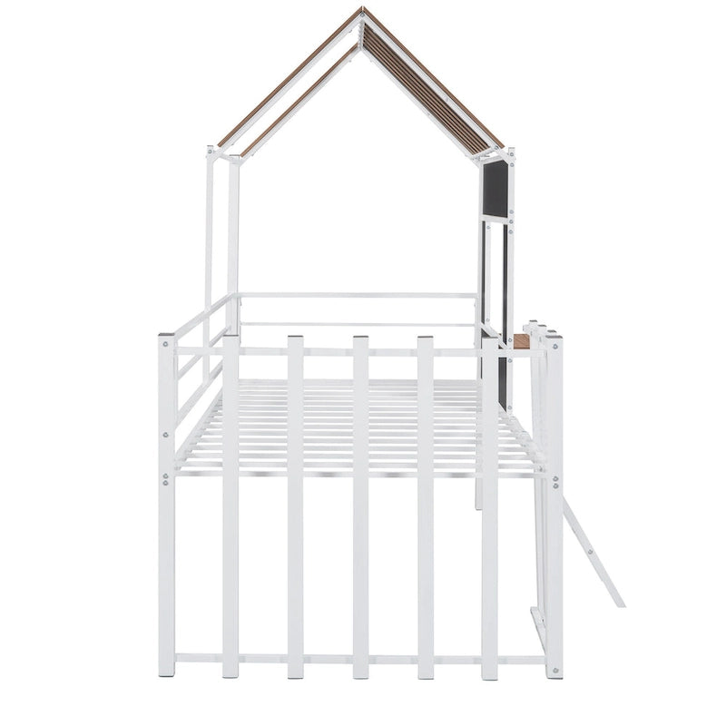 Cama alta metálica Twin con forma de casa con techo, ventana, barandilla y escalera | Niños