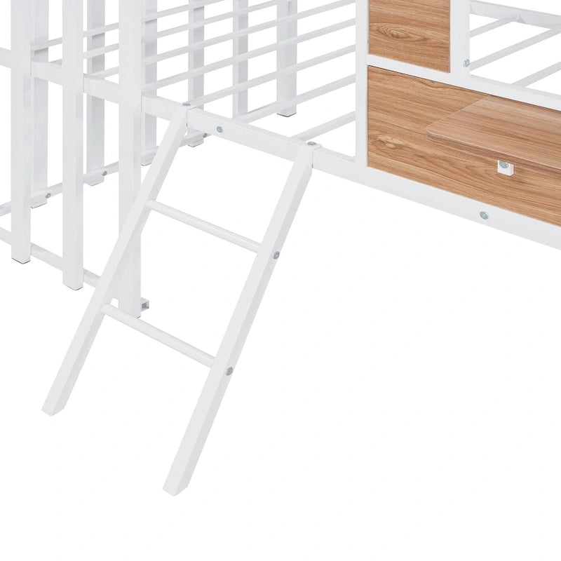 Cama alta metálica Twin con forma de casa con techo, ventana, barandilla y escalera | Niños
