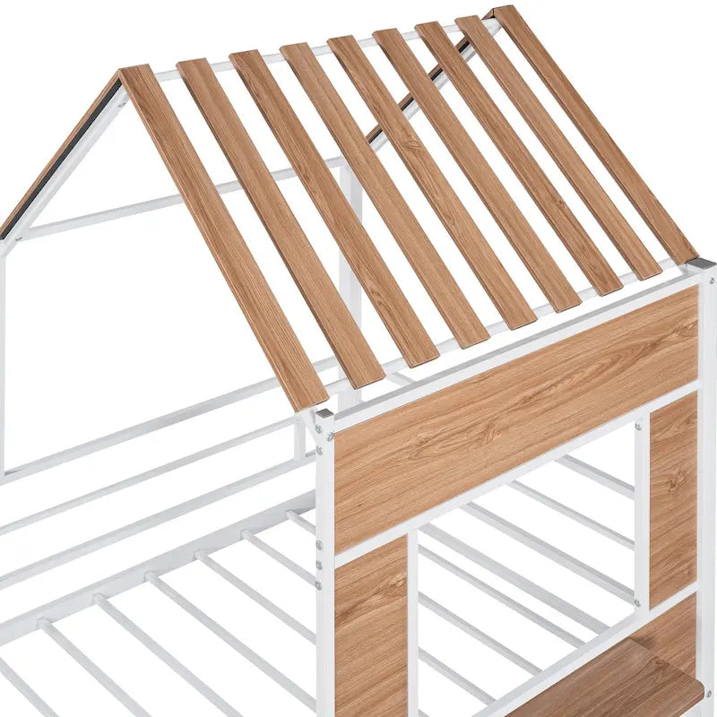 Cama alta metálica Twin con forma de casa con techo, ventana, barandilla y escalera | Niños