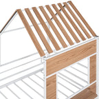 Cama alta metálica Twin con forma de casa con techo, ventana, barandilla y escalera | Niños