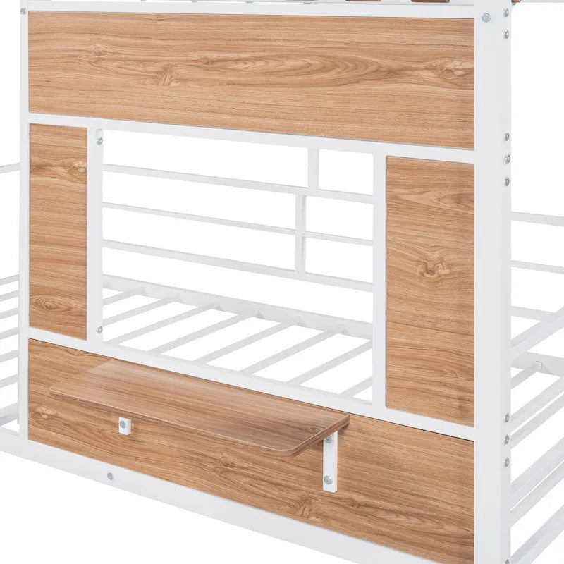 Cama alta metálica Twin con forma de casa con techo, ventana, barandilla y escalera | Niños