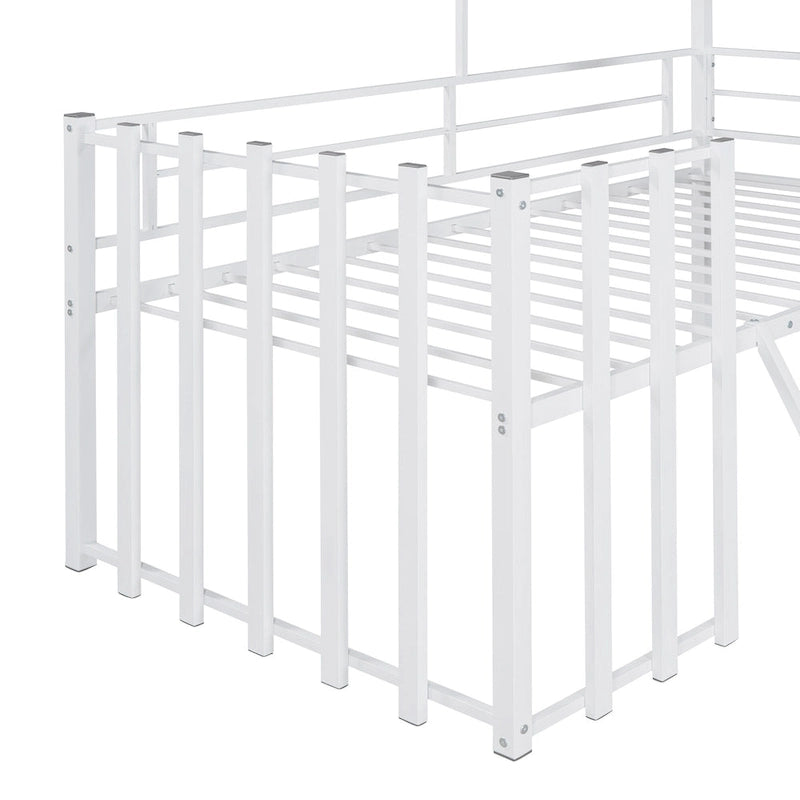 Cama alta metálica Twin con forma de casa con techo, ventana, barandilla y escalera | Niños