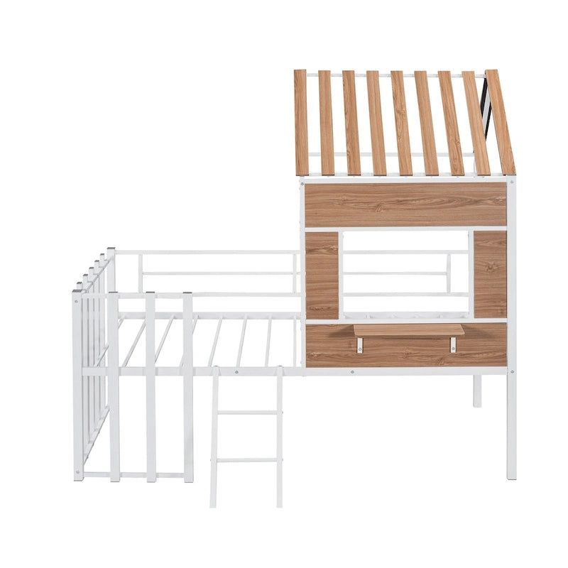 Cama alta metálica Twin con forma de casa con techo, ventana, barandilla y escalera | Niños
