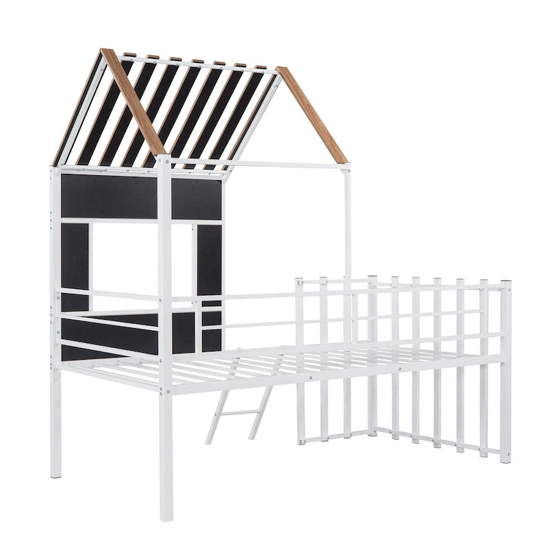 Cama alta metálica Twin con forma de casa con techo, ventana, barandilla y escalera | Niños