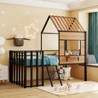 Cama alta metálica Twin con forma de casa con techo, ventana, barandilla y escalera | Niños