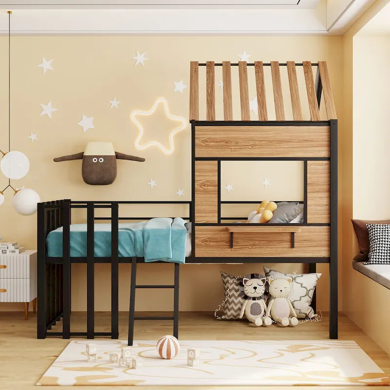 Cama alta metálica Twin con forma de casa con techo, ventana, barandilla y escalera | Niños
