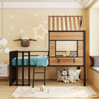 Cama alta metálica Twin con forma de casa con techo, ventana, barandilla y escalera | Niños