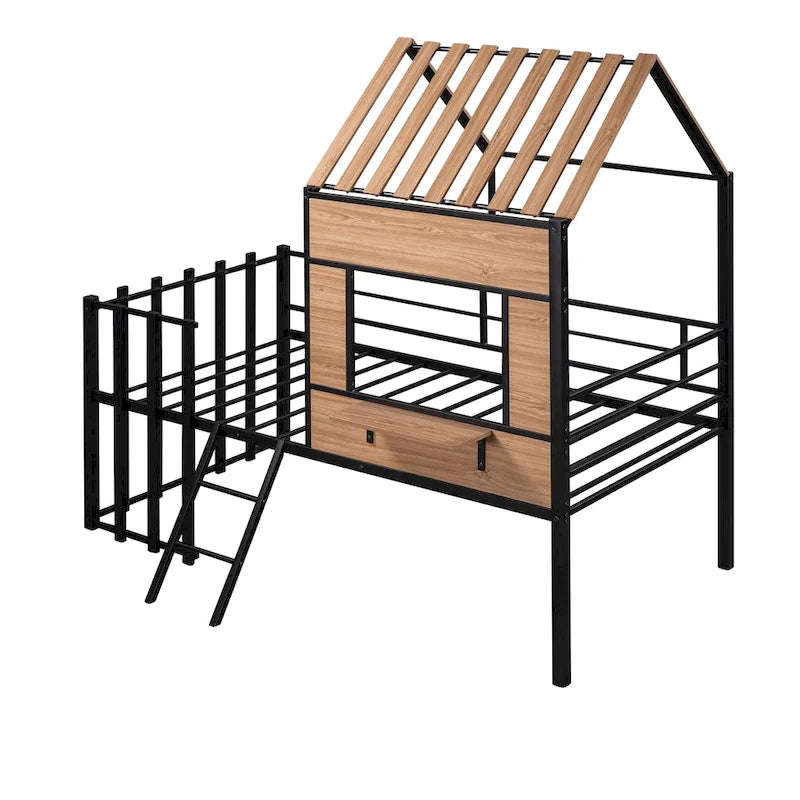 Cama alta metálica Twin con forma de casa con techo, ventana, barandilla y escalera | Niños