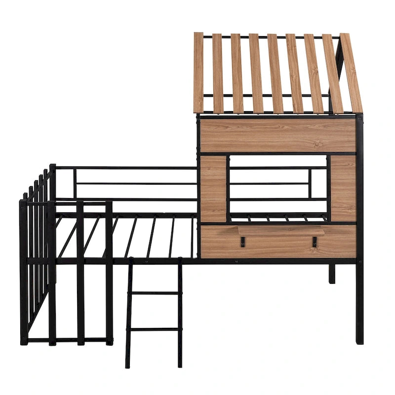 Cama alta metálica Twin con forma de casa con techo, ventana, barandilla y escalera | Niños