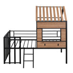 Cama alta metálica Twin con forma de casa con techo, ventana, barandilla y escalera | Niños