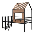 Cama alta metálica Twin con forma de casa con techo, ventana, barandilla y escalera | Niños