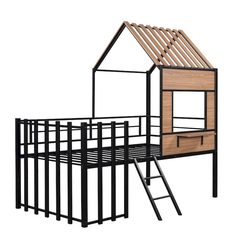 Cama alta metálica Twin con forma de casa con techo, ventana, barandilla y escalera | Niños