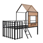 Cama alta metálica Twin con forma de casa con techo, ventana, barandilla y escalera | Niños