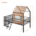 Cama alta metálica Twin con forma de casa con techo, ventana, barandilla y escalera | Niños