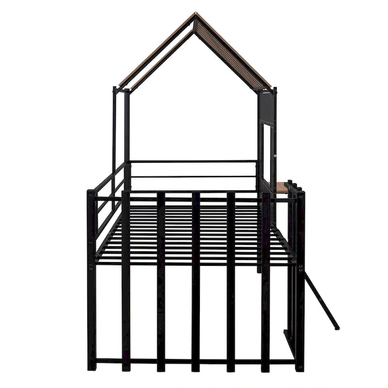 Cama alta metálica Twin con forma de casa con techo, ventana, barandilla y escalera | Niños