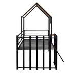 Cama alta metálica Twin con forma de casa con techo, ventana, barandilla y escalera | Niños