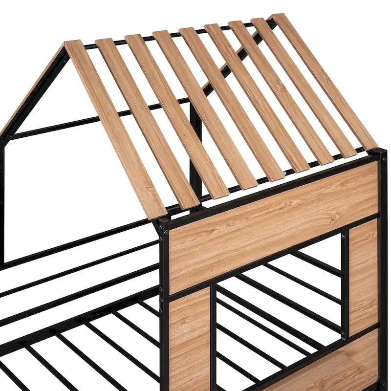 Cama alta metálica Twin con forma de casa con techo, ventana, barandilla y escalera | Niños