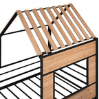 Cama alta metálica Twin con forma de casa con techo, ventana, barandilla y escalera | Niños