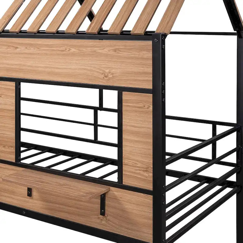 Cama alta metálica Twin con forma de casa con techo, ventana, barandilla y escalera | Niños