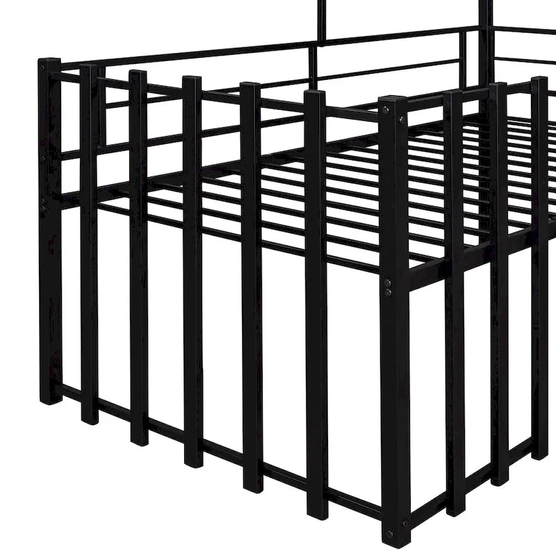 Cama alta metálica Twin con forma de casa con techo, ventana, barandilla y escalera | Niños
