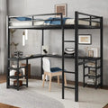 Cama loft de metal negra de tamaño completo con escritorio, estantes, escalera y barandillas